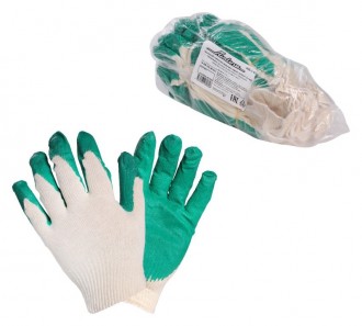 Перчатки ХБ с латексным покрытием ладони, зеленые (5 пар)