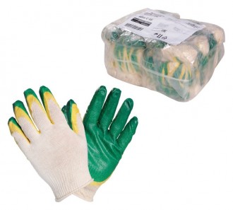 Перчатки ХБ с двойным латексным покрытием ладони, зеленые (1 пара)